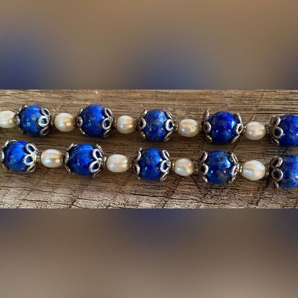 Vintage Bracelet Women’s 7” Sterling Silver 925 Blue Lapis Lazuli Pearls - Picture 3 of 5
